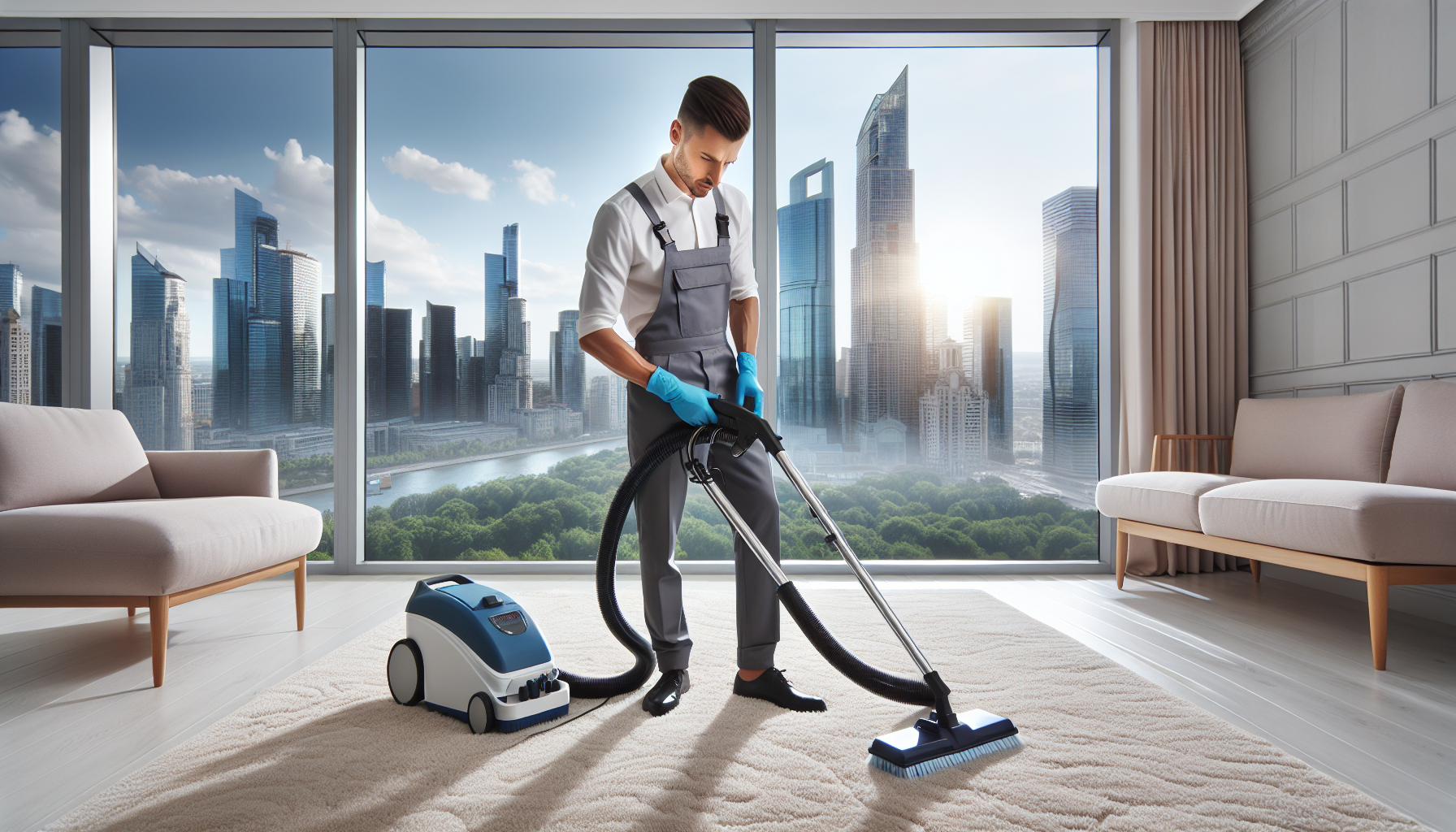 man vacuuming carpet in high rise apartment