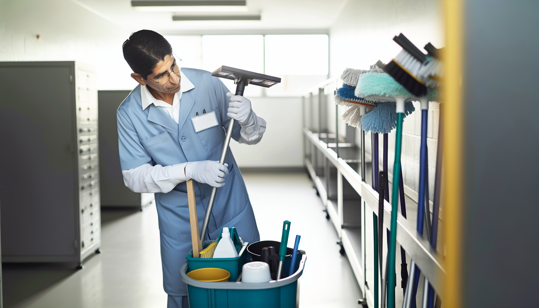 man inspecting his cleaning equipment