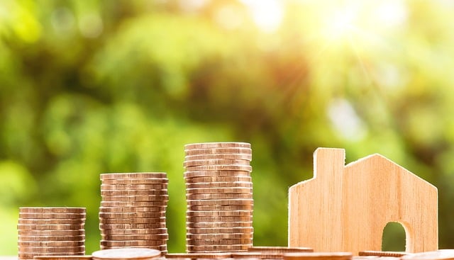 Coins stacked up next to small small wooden house