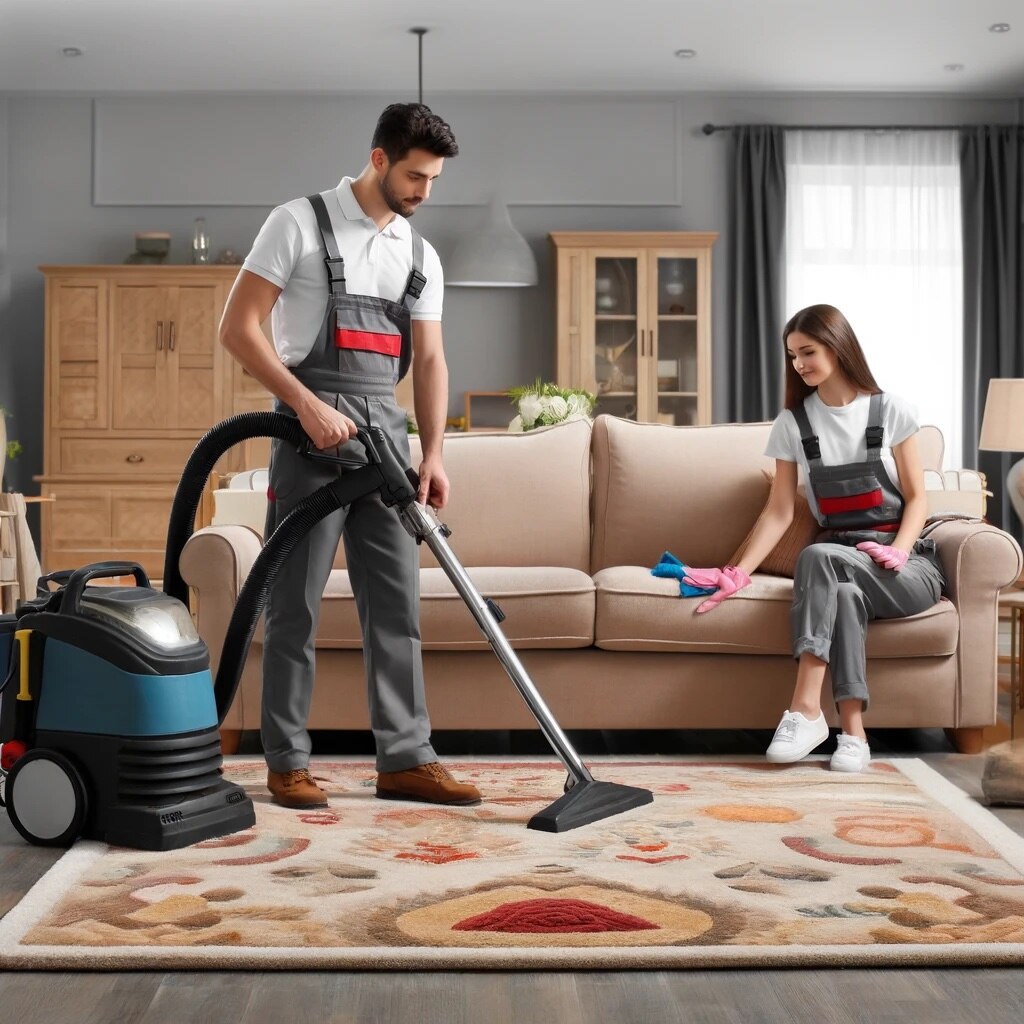 two technicians cleaning rug and upholstery