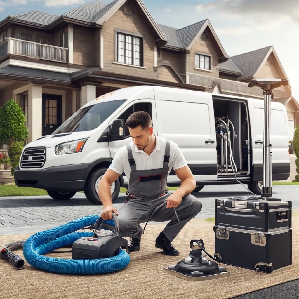 carpet cleaning technician unloading equipment from truck