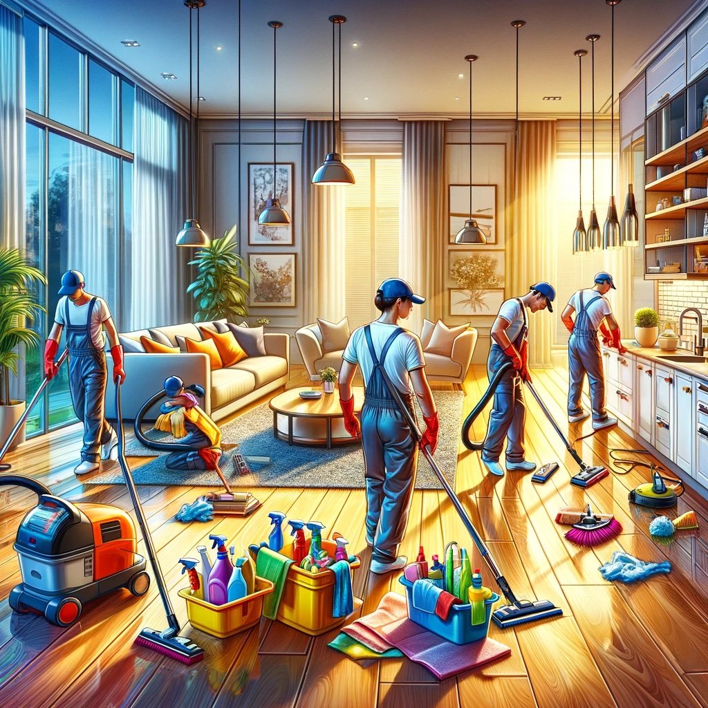 crew of cleaners cleaning a house