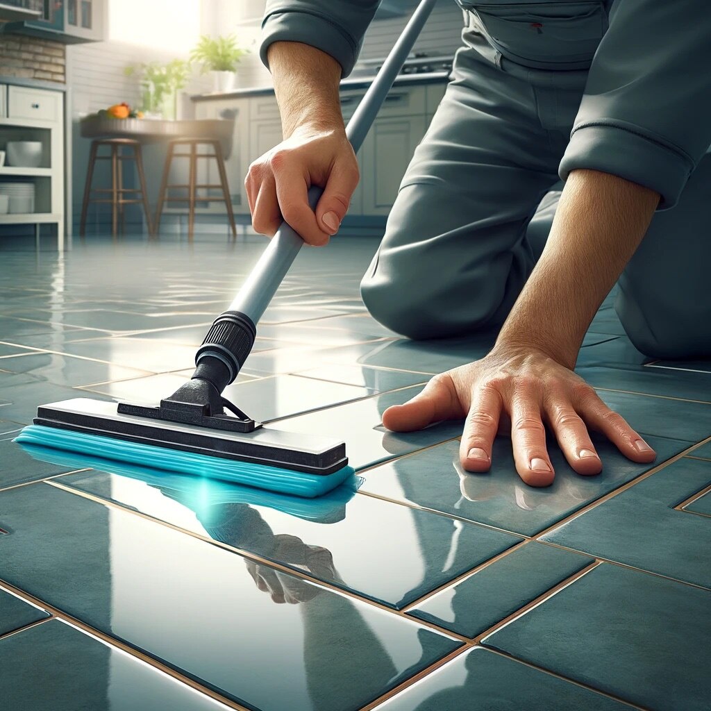 person inspecting sealed tile floor